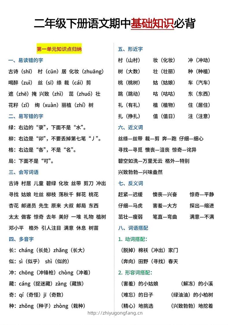 二年级下册期中基础知识必背-学习资料站