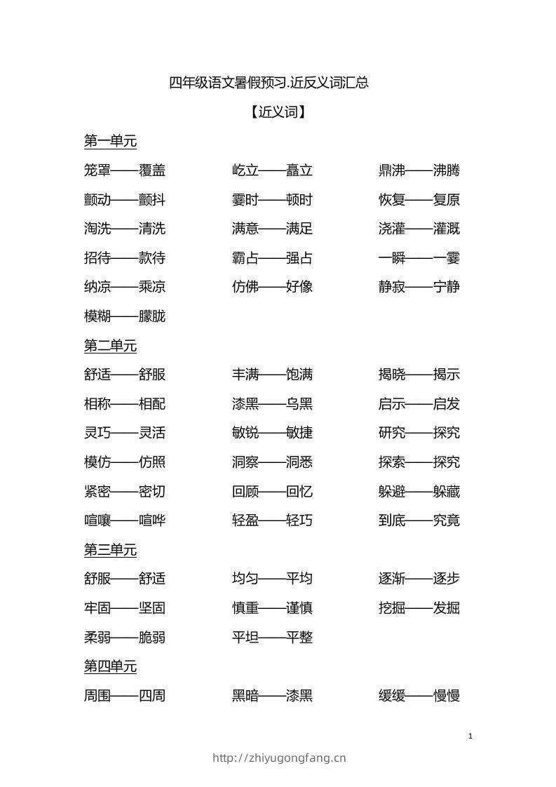 四（上）语文各单元近义词与反义词汇总-学习资料站
