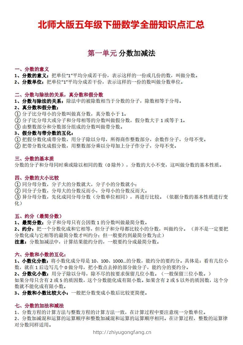 五下数学：北师大全册知识点汇总-学习资料站