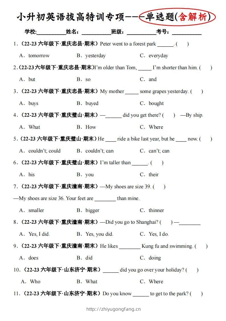 英语小升初拔高特训专项—单选题(含解析)-学习资料站