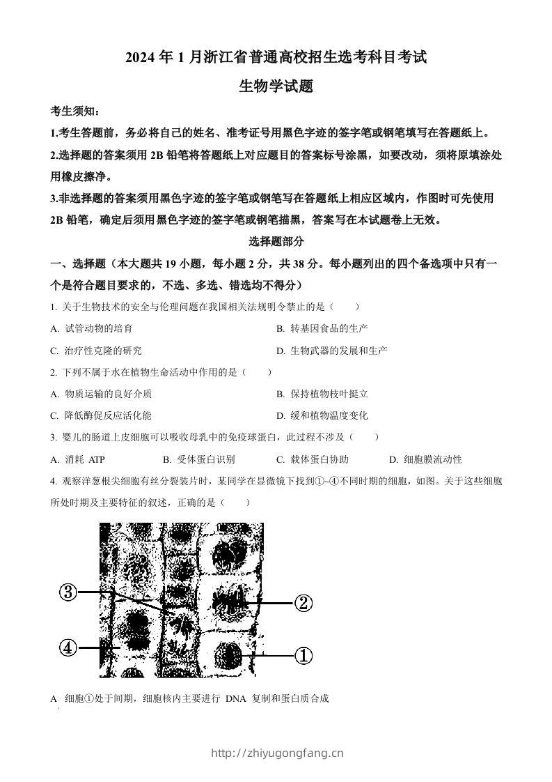 2024年高考生物试卷（浙江）（1月）（空白卷）-学习资料站