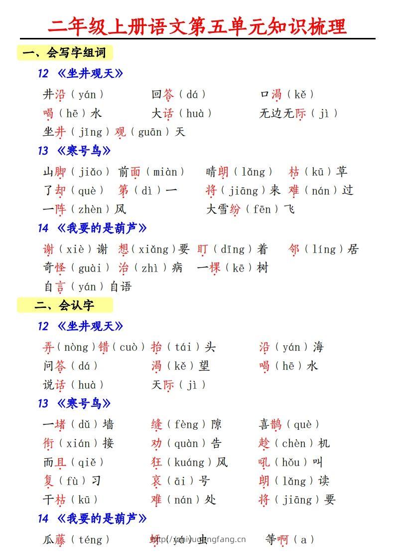 【第五单元知识梳理】二上语文-学习资料站