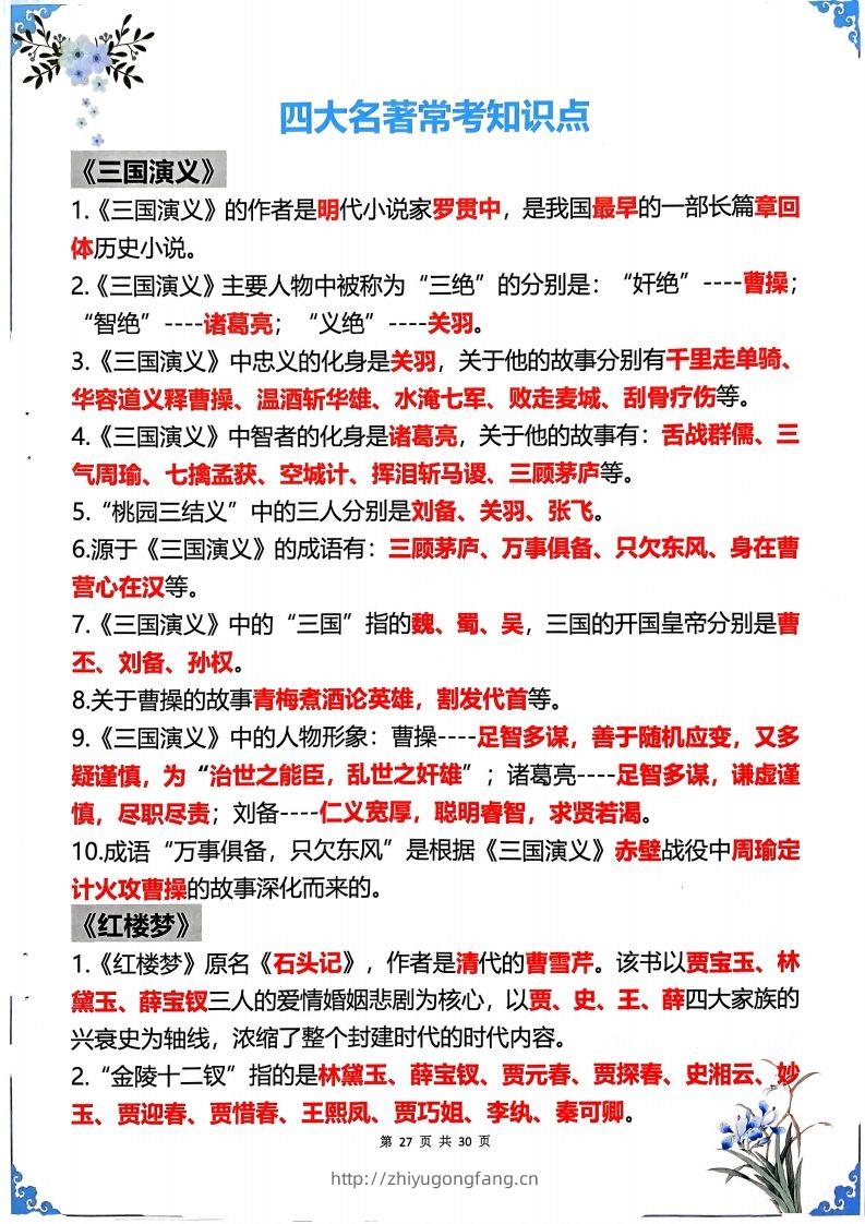 五年级下册语文四大名著常考知识点-学习资料站