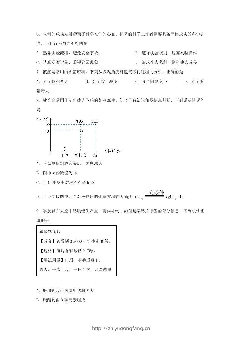 图片[2]-2024年吉林长春中考化学试题及答案(Word版)-学习资料站