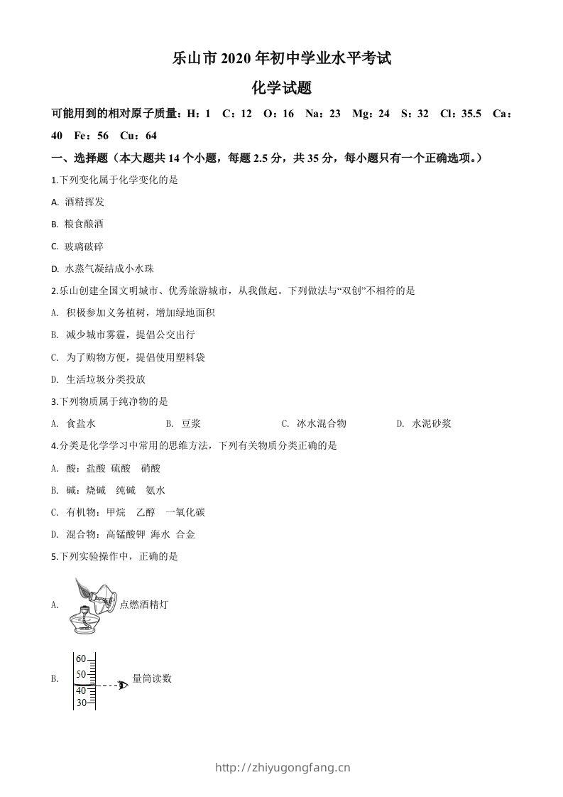四川省乐山市2020年中考化学试题（空白卷）-学习资料站