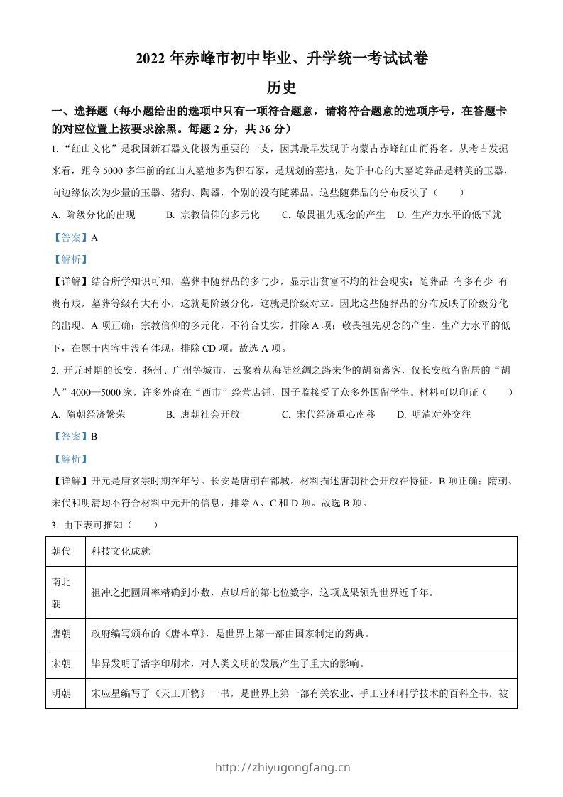 2022年内蒙古赤峰市中考历史真题（含答案）-学习资料站