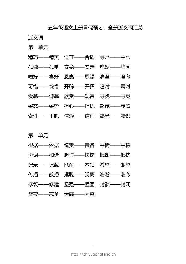 五上语文近.反义词汇总-学习资料站