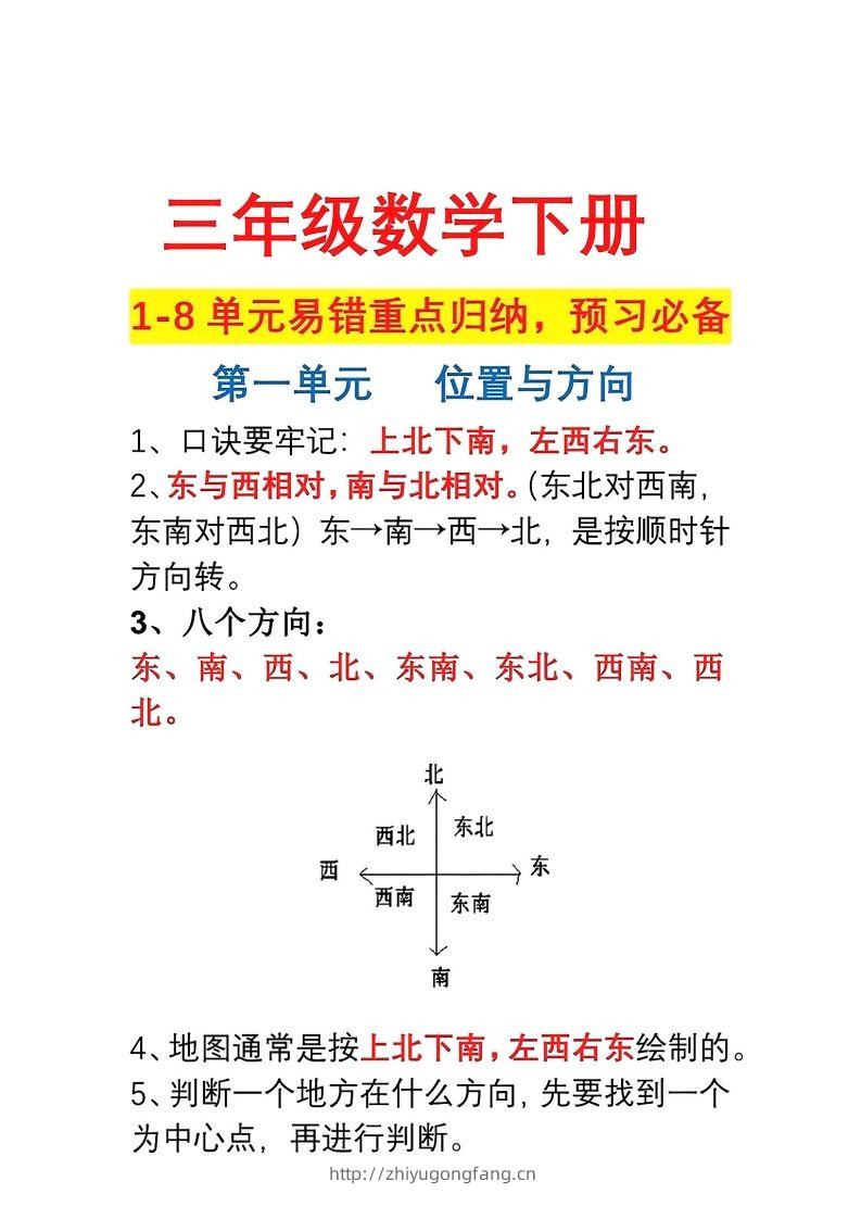 三年级数学下册1-8单元易错重点归纳-学习资料站