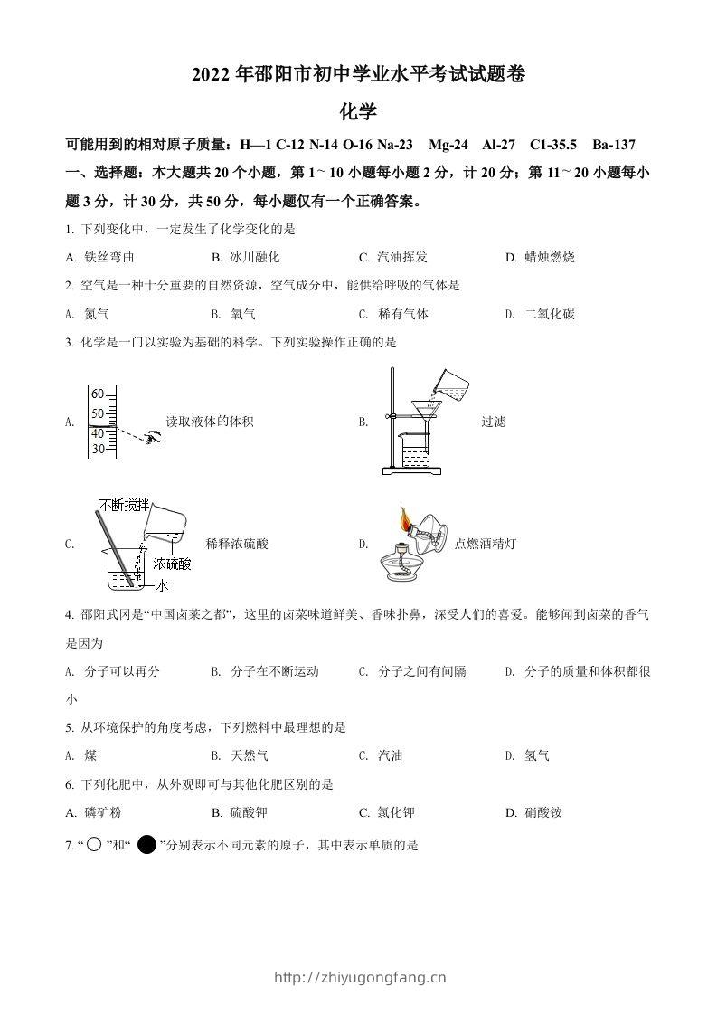 2022年湖南省邵阳市初中学业水平模拟考试化学试题（空白卷）-学习资料站