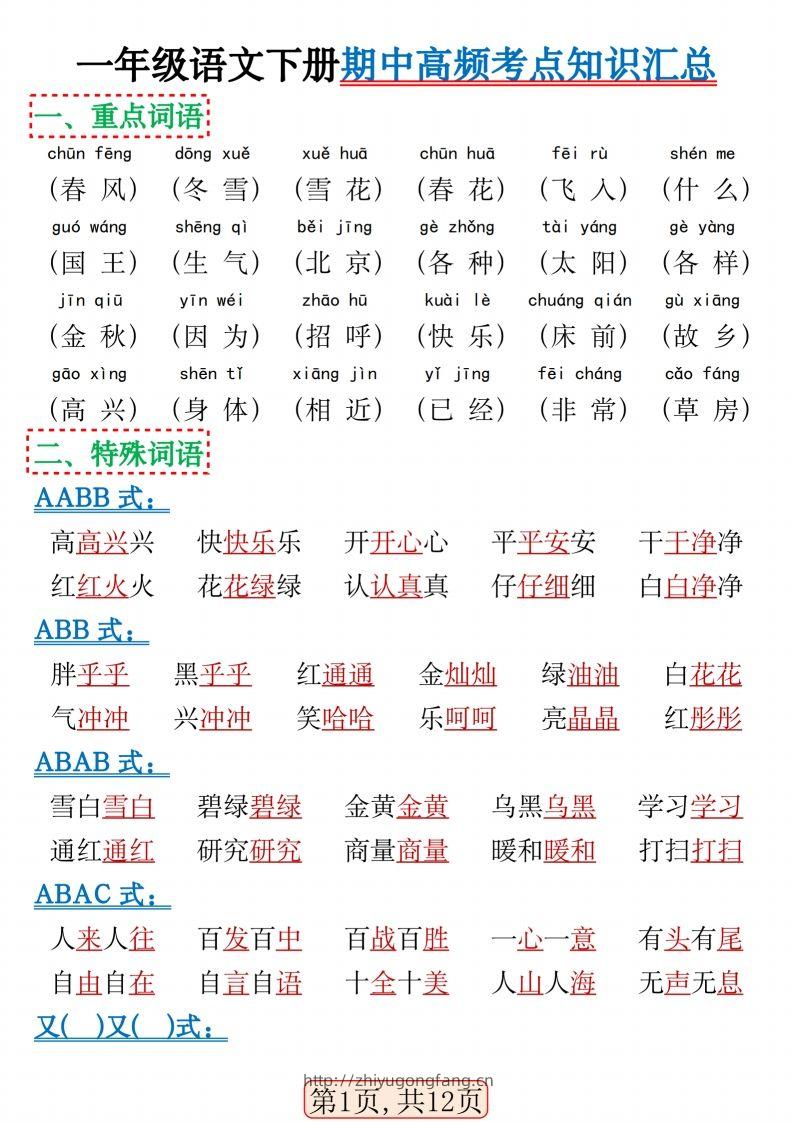 一年级语文下册期中高频考点知识汇总(1)(2)-学习资料站