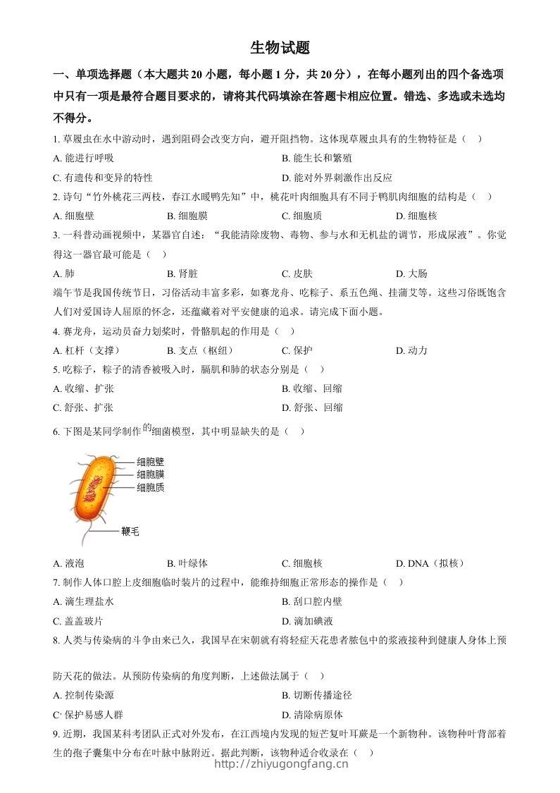 2024年江西省中考生物真题（空白卷）-学习资料站