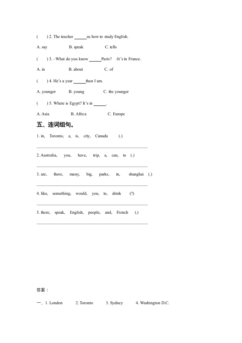 图片[2]-六年级英语上册Unit2AroundtheWorldLesson1同步练习3（人教版一起点）-学习资料站