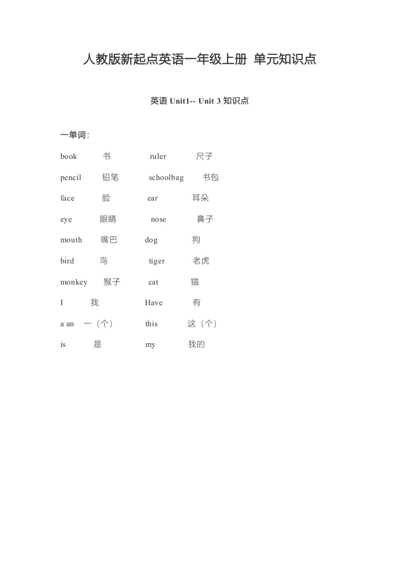 一年级英语上册单元知识点（人教一起点）-学习资料站