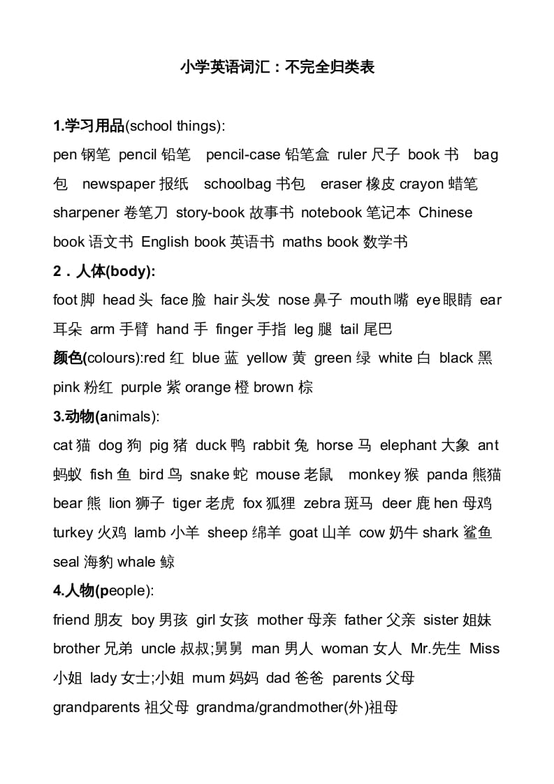 六年级英语上册不完全词汇归类表（人教版PEP）-学习资料站