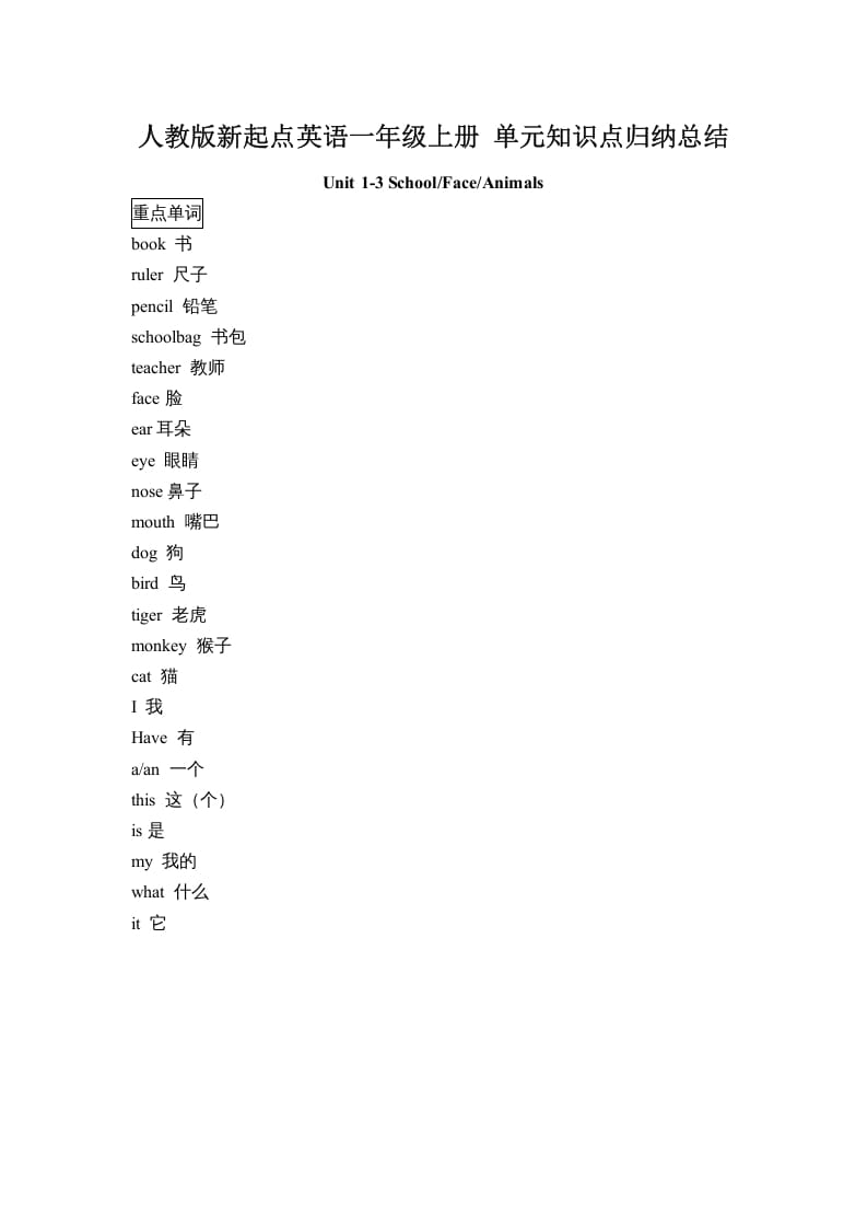 一年级英语上册单元知识点归纳总结（人教一起点）-学习资料站
