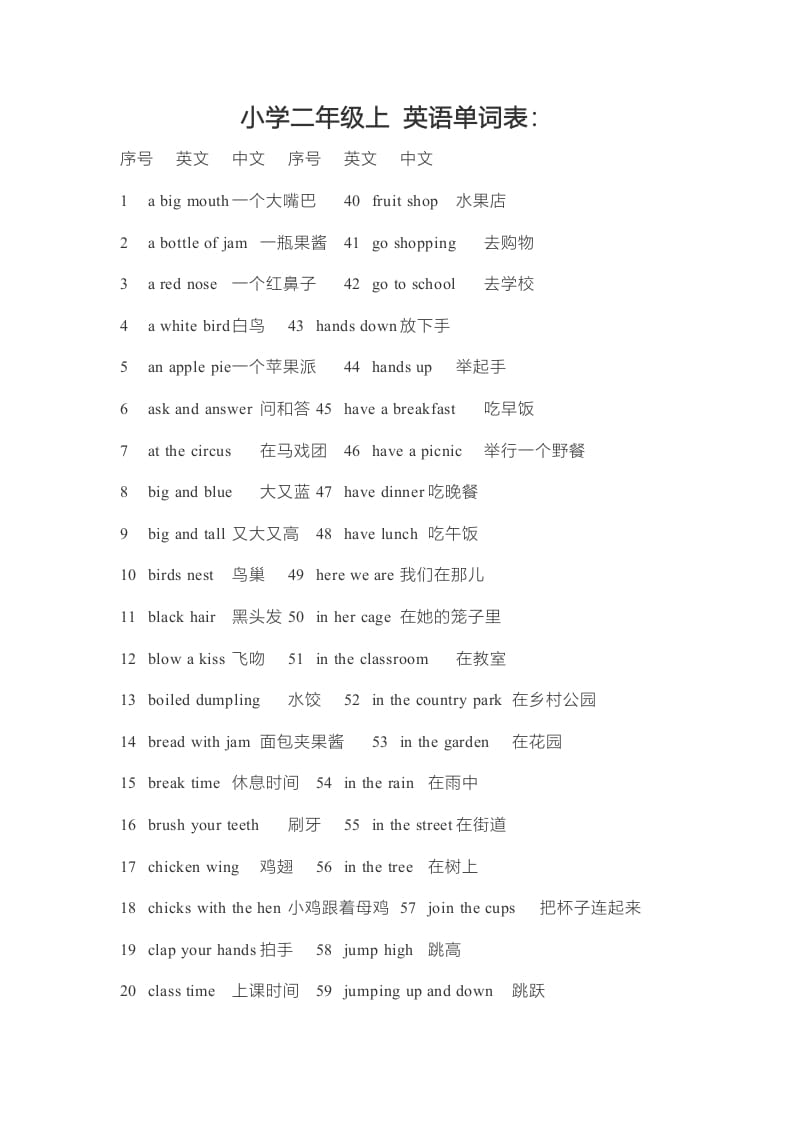 二年级英语上册单词表（人教版一起点）-学习资料站