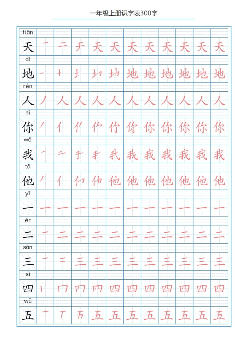 一年级语文上册识字表字帖（300字29页）PDF（部编版）-学习资料站